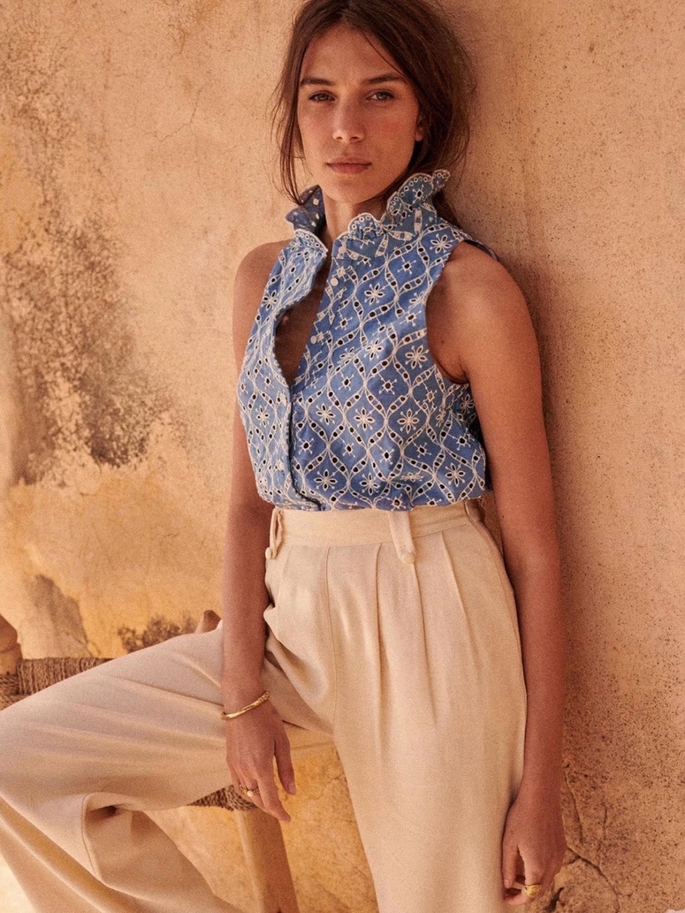 NWOT Sezane Erina Sleeveless Blue Eyelet Ruffle Collar Top